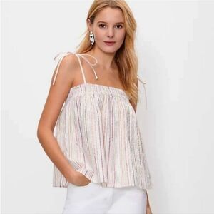 NWT LOFT Cotton Metallic Shimmer Stripe Bow Strap Smocked Cami Top Size Large